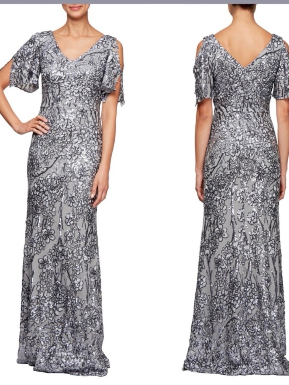 Alex Evenings Silver Sequin Maxi Dress with V-Neck